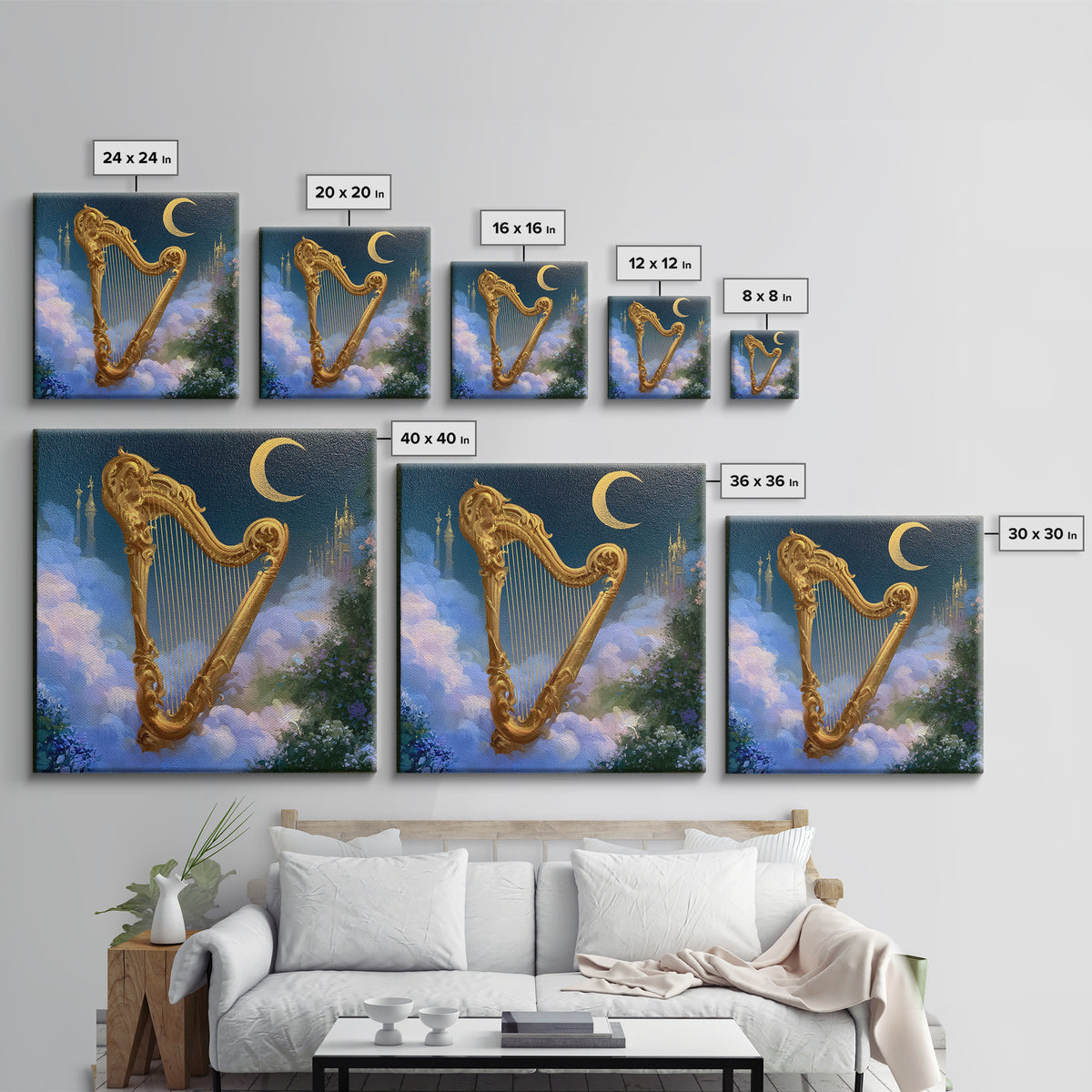 Golden Harp in a Cloud Kingdom Framed Canvas Print, Fairy Tale Art, Mixed Media Art, Living Room Decor, Fine Art, Storybook, FTA-1x1-46
