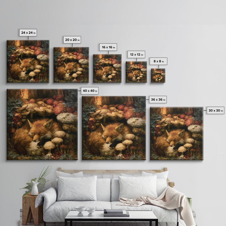 Sleeping Fox Beside a Magical Mushroom Ring Framed Canvas Print, Fairy Tale Art, Fantasy Art, Living Room Decor, Oil Painting, FTA-1x1-51