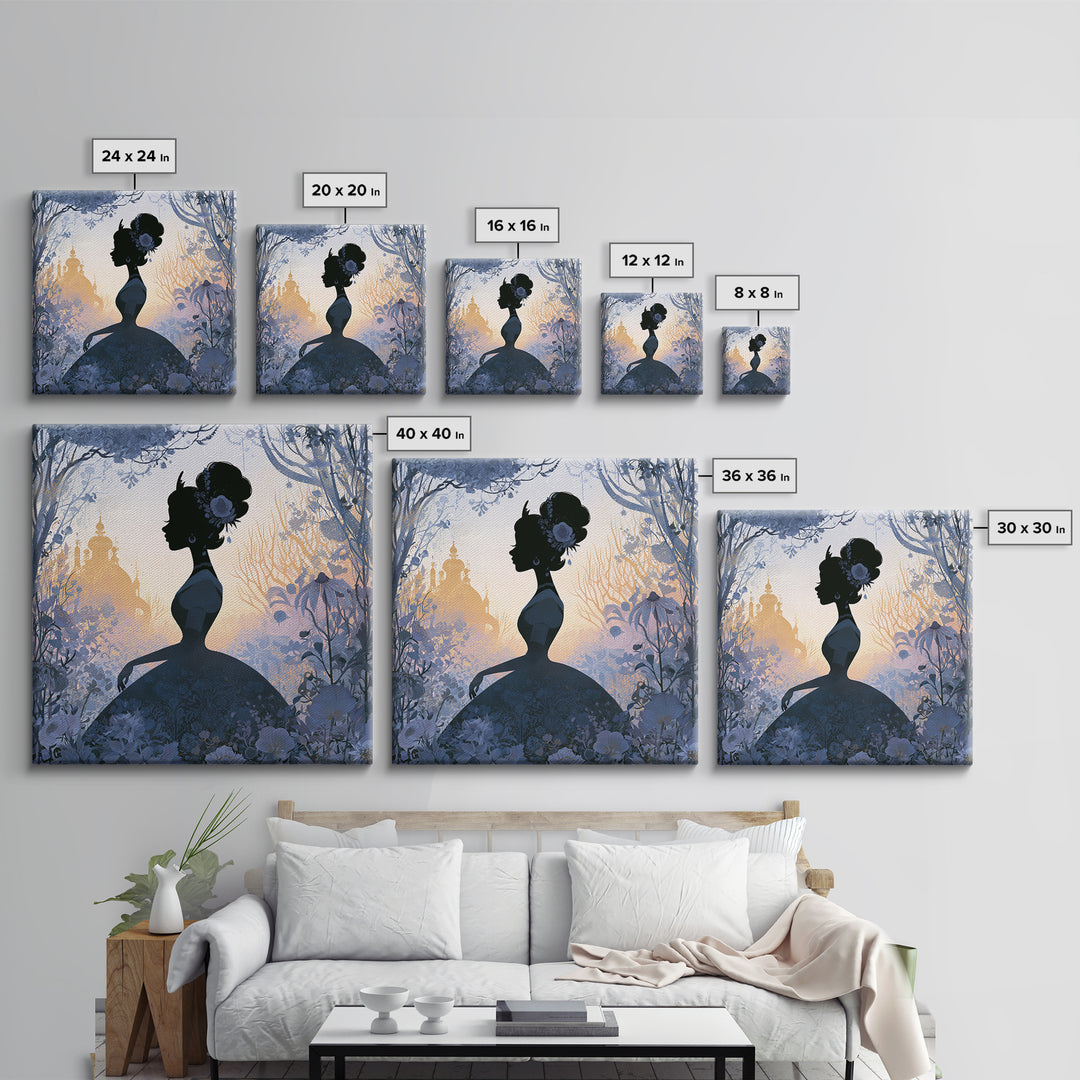 Princess Silhouette with Moonlit Garden Flowers Framed Canvas Print, Fairy Tale Art, Watercolor Art, Living Room Decor, FTA-1x1-52