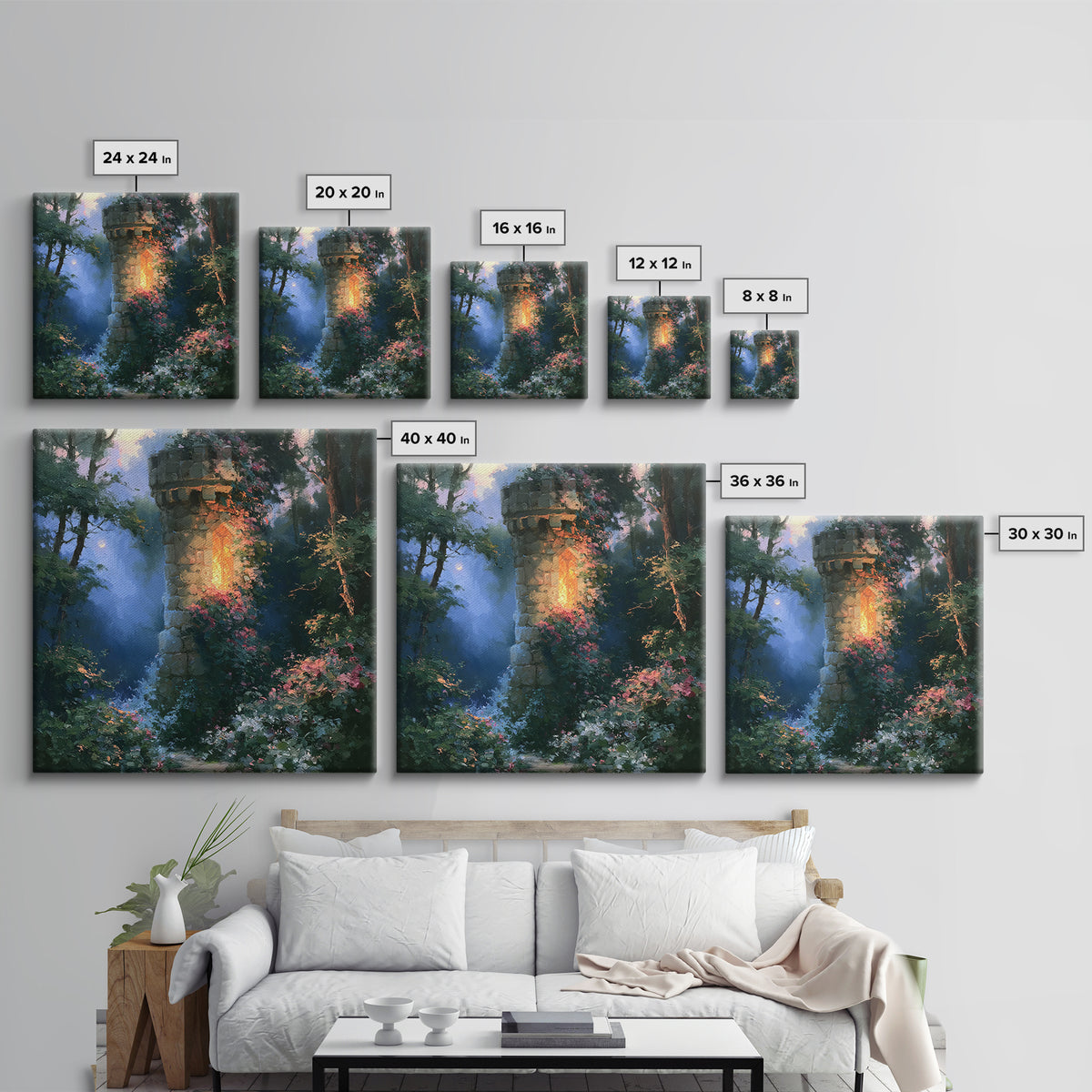 Rose Covered Tower Framed Canvas Print, Fairy Tale Art, Kids Room Decor, Living Room Decor, Abstract Art, Storybook, FTA-1x1-66