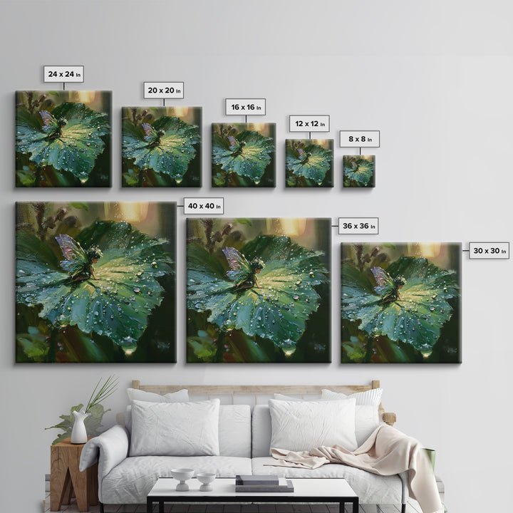 Tiny Fairy Resting on a Dew Covered Framed Canvas Print, Fairy Tale Art, Printable Art, Living Room Decor, Oil Painting, FTA-1x1-7