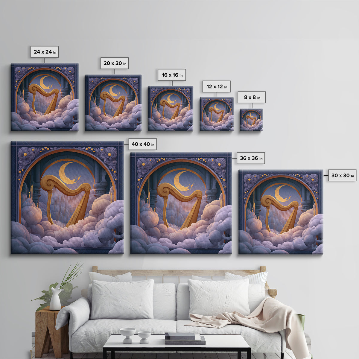 Golden Harp in a Cloud Kingdom Framed Canvas Print, Fairy Tale Art, Mixed Media Art, Living Room Decor, Fine Art, Storybook, FTA-1x1-70
