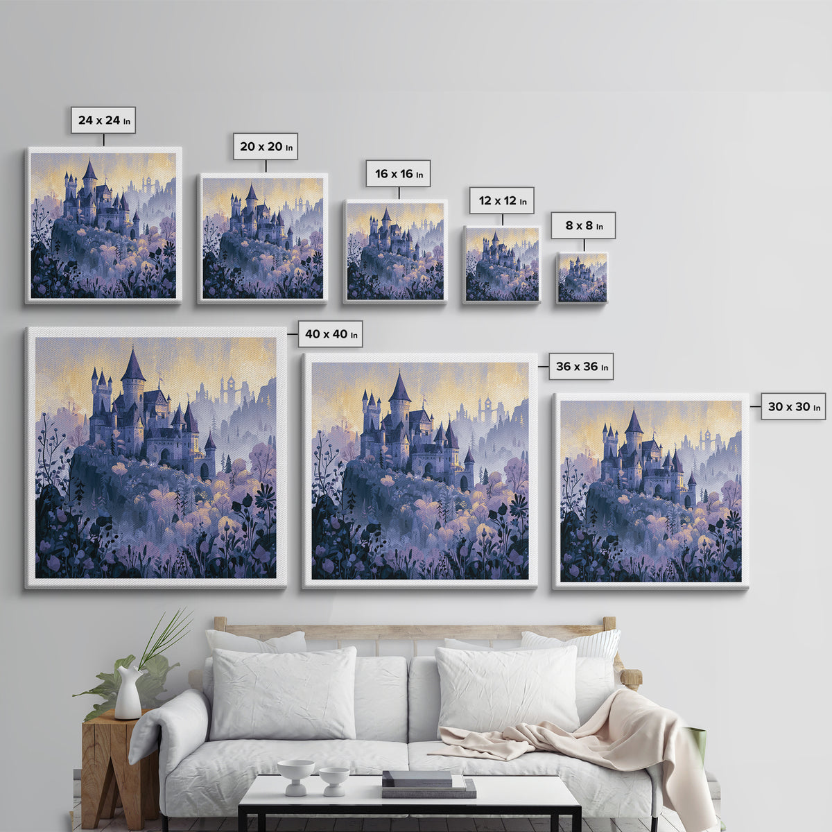 Storybook Castle on a Misty Hill Framed Canvas Print, Fairy Tale Art, Fine Art Print, Living Room Decor, Fine Art, Storybook, FTA-1x1-74