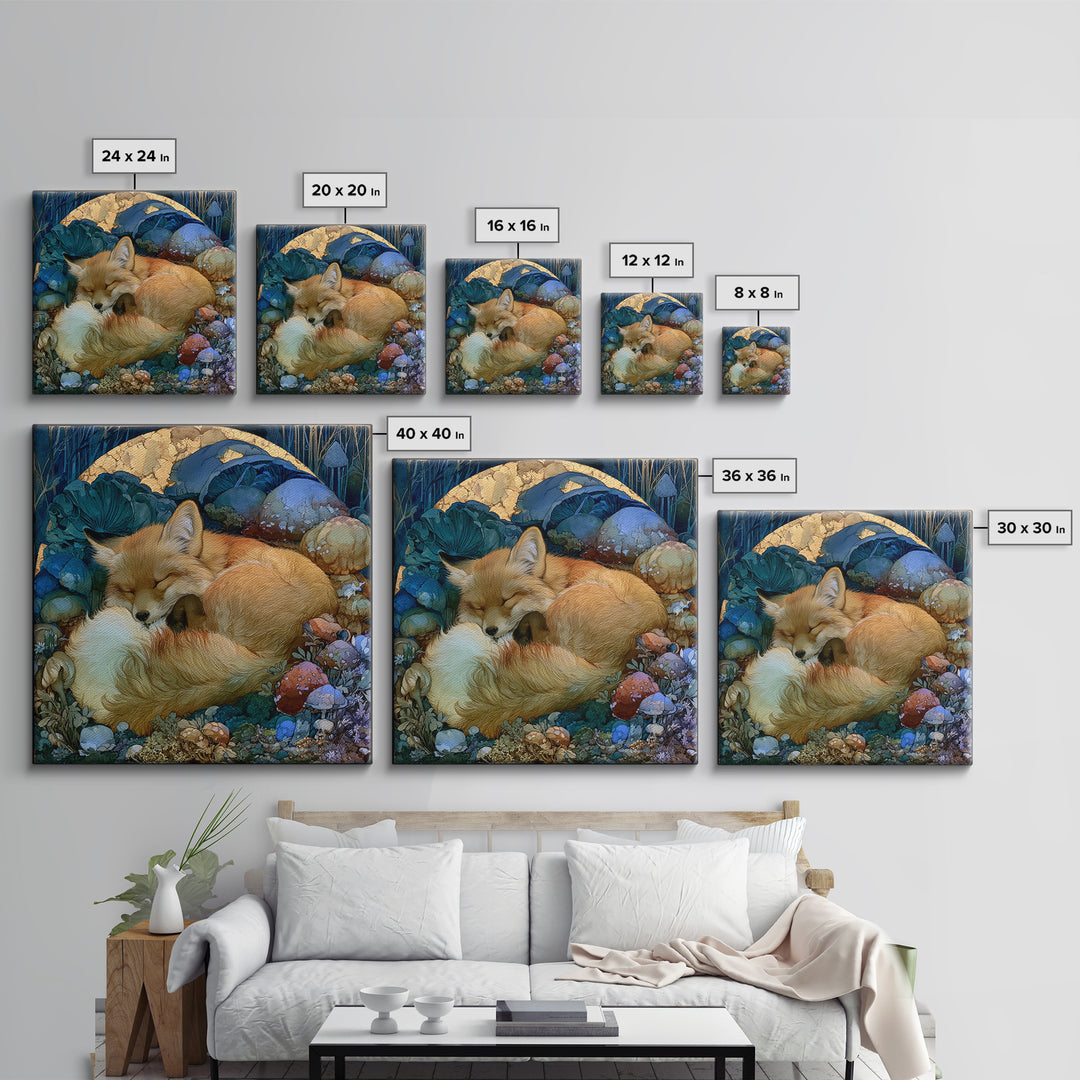 Sleeping Fox Beside a Magical Mushroom Ring Canvas Print, Fairy Tale Art, Statement Artwork, Living Room Decor, Storybook, FTA-1x1-75