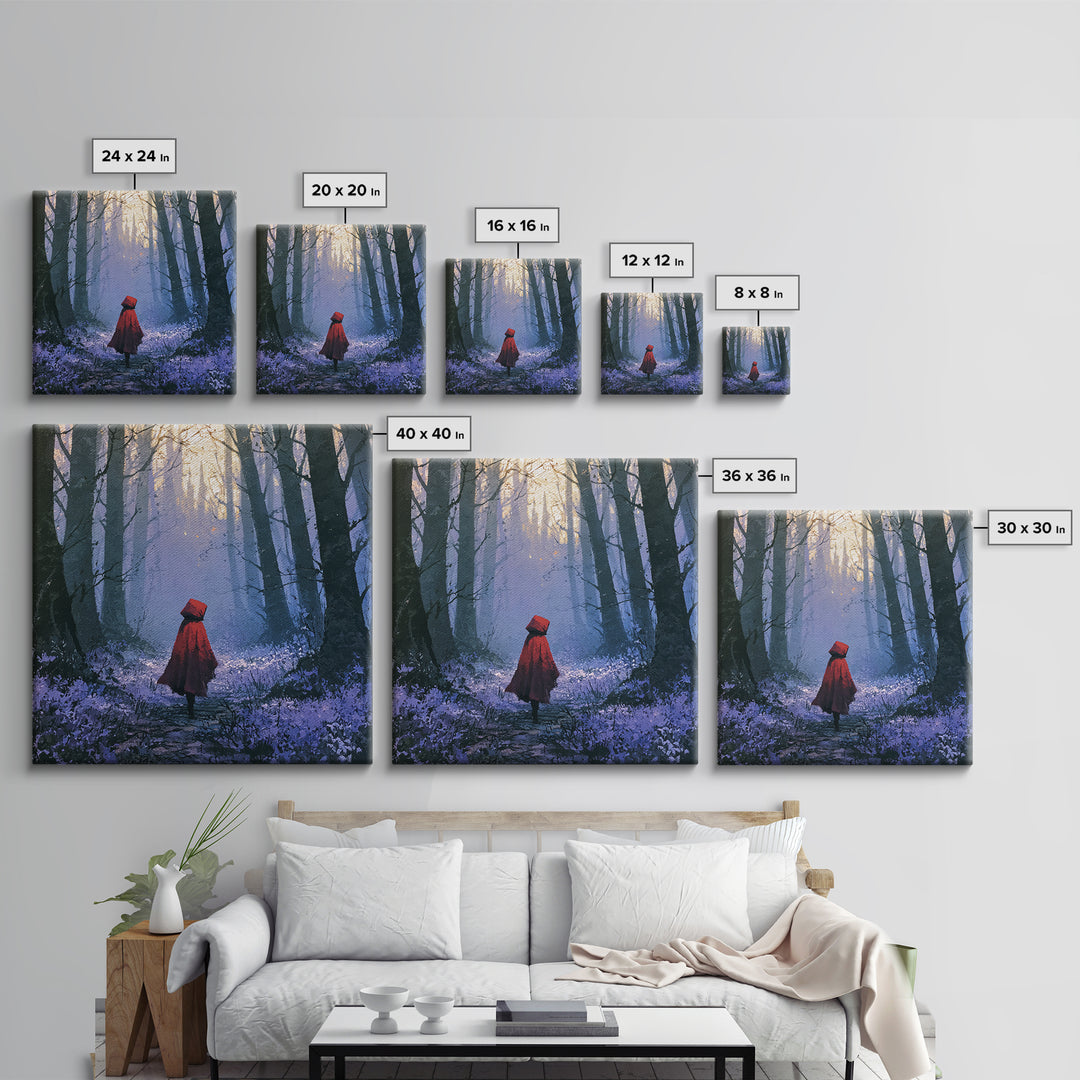 Red Cloak Figure Walking Through Dark Woods Framed Canvas Print, Fairy Tale Art, Original Art, Living Room Decor, Storybook, FTA-1x1-8