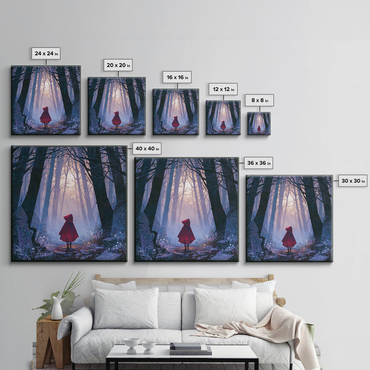 Red Cloak Figure Walking Through Dark Woods Canvas Print, Fairy Tale Art, Fine Art Print, Living Room Decor, Storybook, FTA-1x1-80