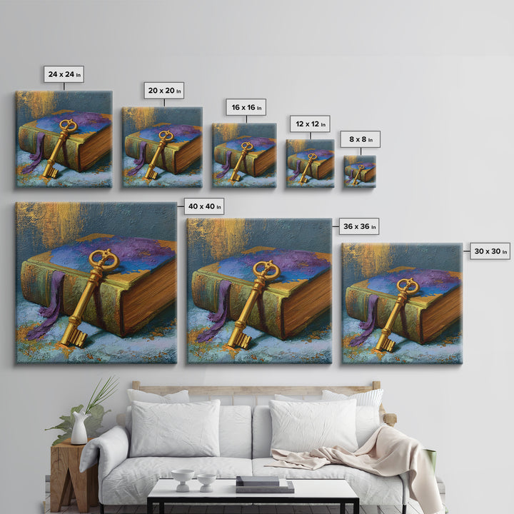 Golden Key and Enchanted Book Still Life Canvas Print, Fairy Tale Art, Painting, Living Room Decor, Fine Art, Storybook, FTA-1x1-81