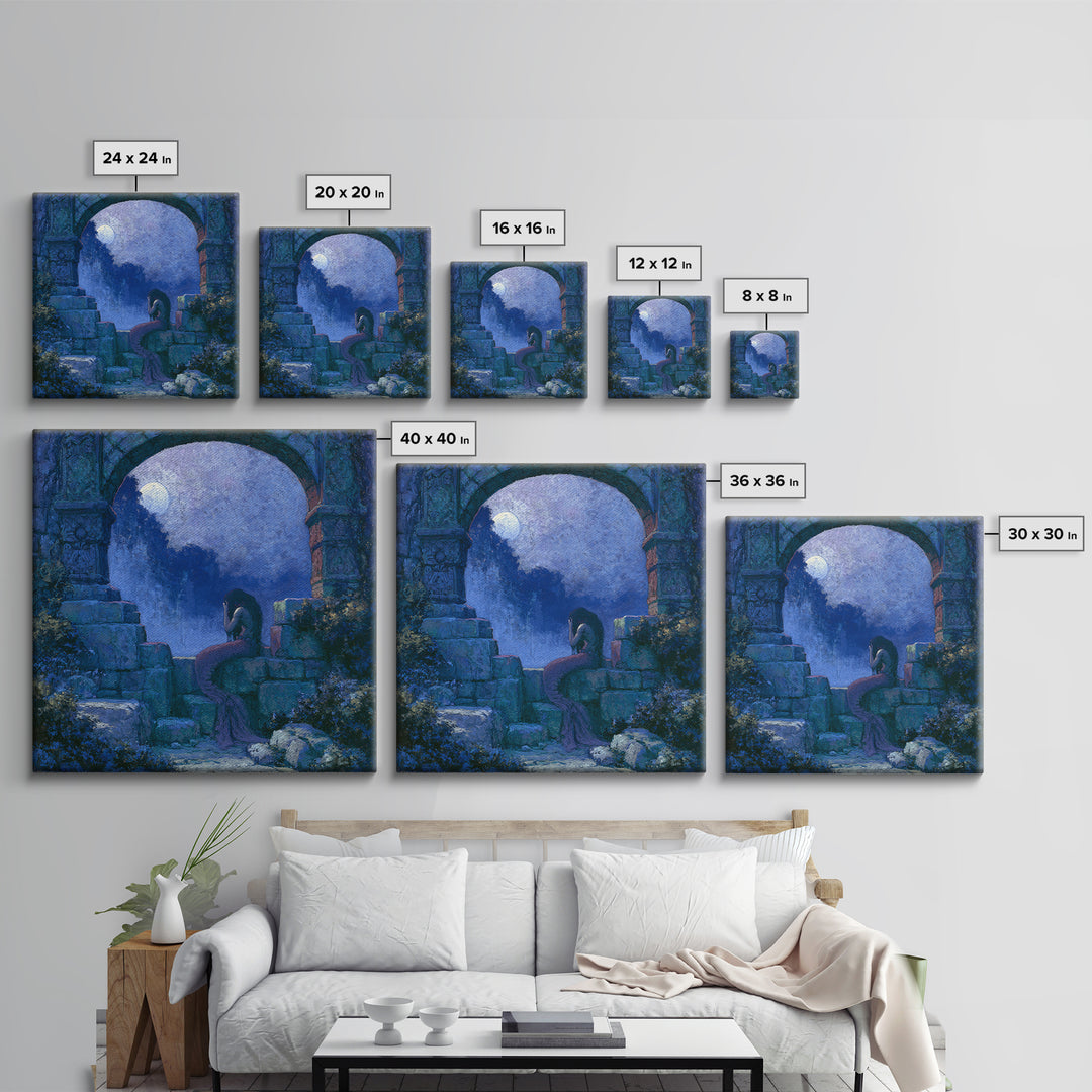 Mermaid Combing Hair Beneath a Pearl Moon Canvas Print, Fairy Tale Art, Kids Room Decor, Living Room Decor, Storybook, FTA-1x1-84