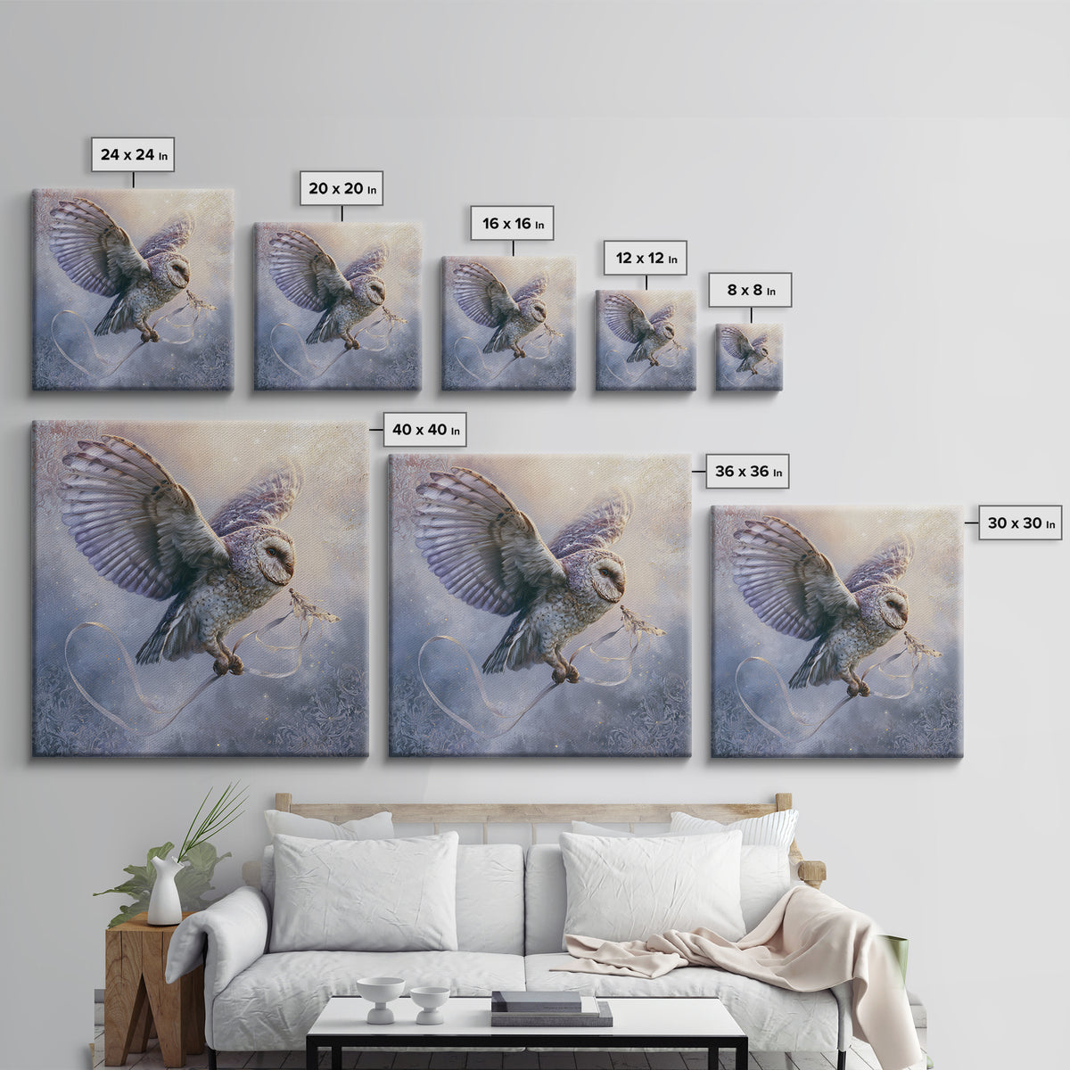 Owl Messenger Carrying a Tiny Ribbon Canvas Print, Fairy Tale Art, Contemporary Art, Living Room Decor, Fine Art, Storybook, FTA-1x1-89