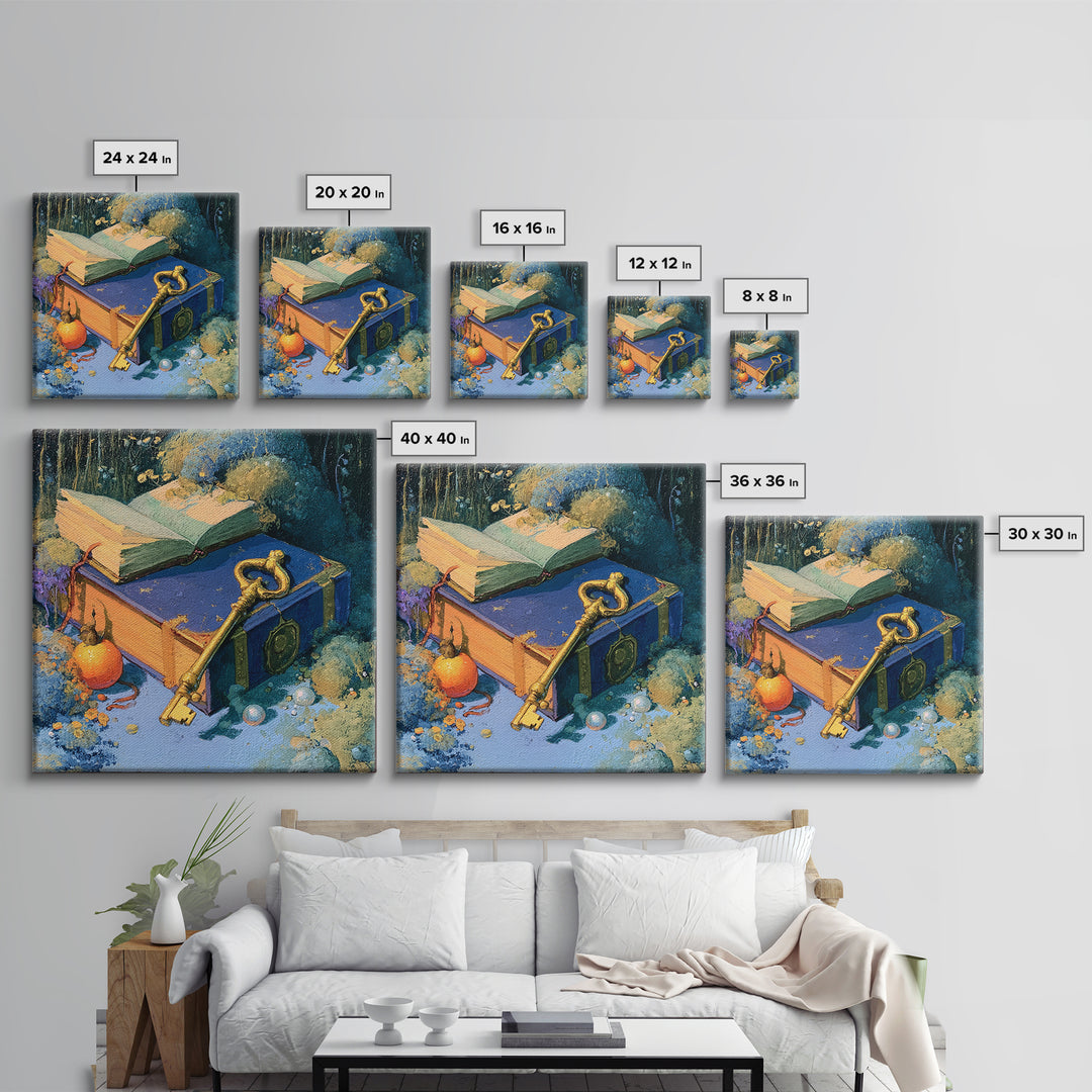 Golden Key and Enchanted Book Still Life Canvas Print, Fairy Tale Art, Statement Artwork, Living Room Decor, Storybook, FTA-1x1-9