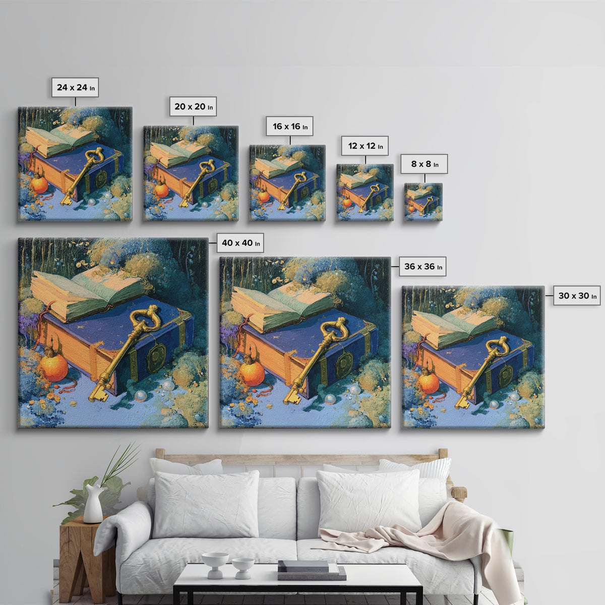 Golden Key and Enchanted Book Still Life Canvas Print, Fairy Tale Art, Statement Artwork, Living Room Decor, Storybook, FTA-1x1-9