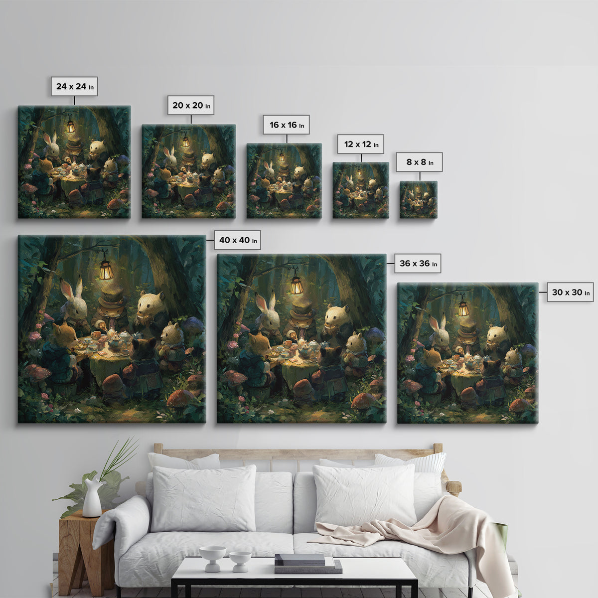Woodland Tea Party Canvas Print, Fairy Tale Art, Room Decor, Living Room Decor, Storybook, Original Art, Nursery Wall Art, FTA-1x1-91
