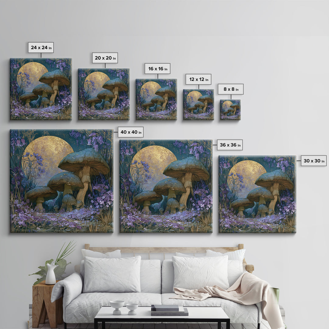 Fairy Ring of Mushrooms and Wildflowers Framed Canvas Print, Fairy Tale Art, Wall Art, Living Room Decor, Watercolor Art, FTA-1x1-93