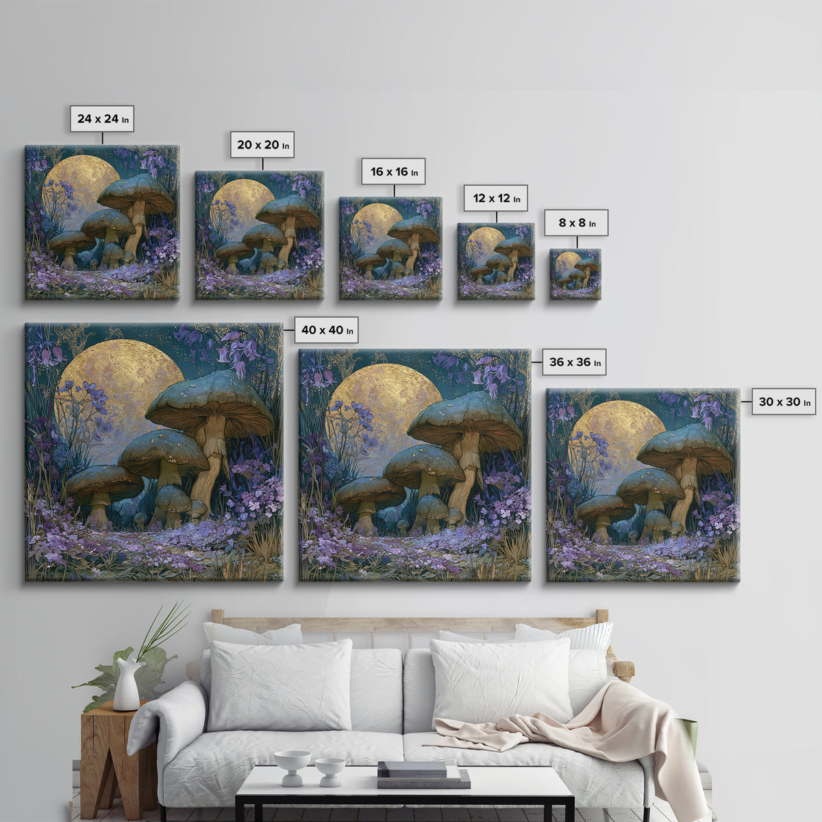 Fairy Ring of Mushrooms and Wildflowers Framed Canvas Print, Fairy Tale Art, Wall Art, Living Room Decor, Watercolor Art, FTA-1x1-93