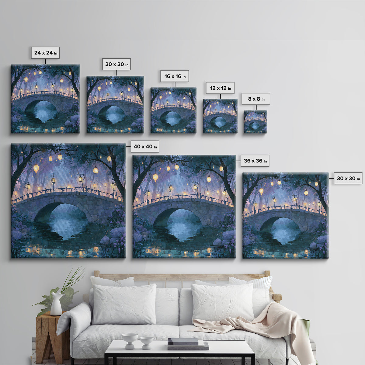 Lantern Lit Bridge Canvas Print, Fairy Tale Art, Fine Art Print, Living Room Decor, Fine Art, Storybook, Painting, Art Prints, FTA-1x1-95