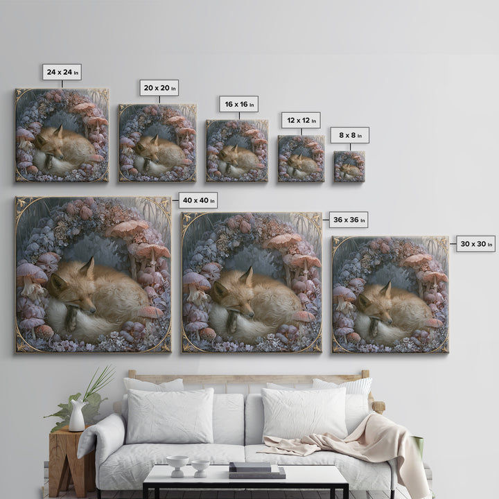 Sleeping Fox Beside a Magical Mushroom Ring Canvas Print, Fairy Tale Art, Painting, Living Room Decor, Fine Art, Storybook, FTA-1x1-99