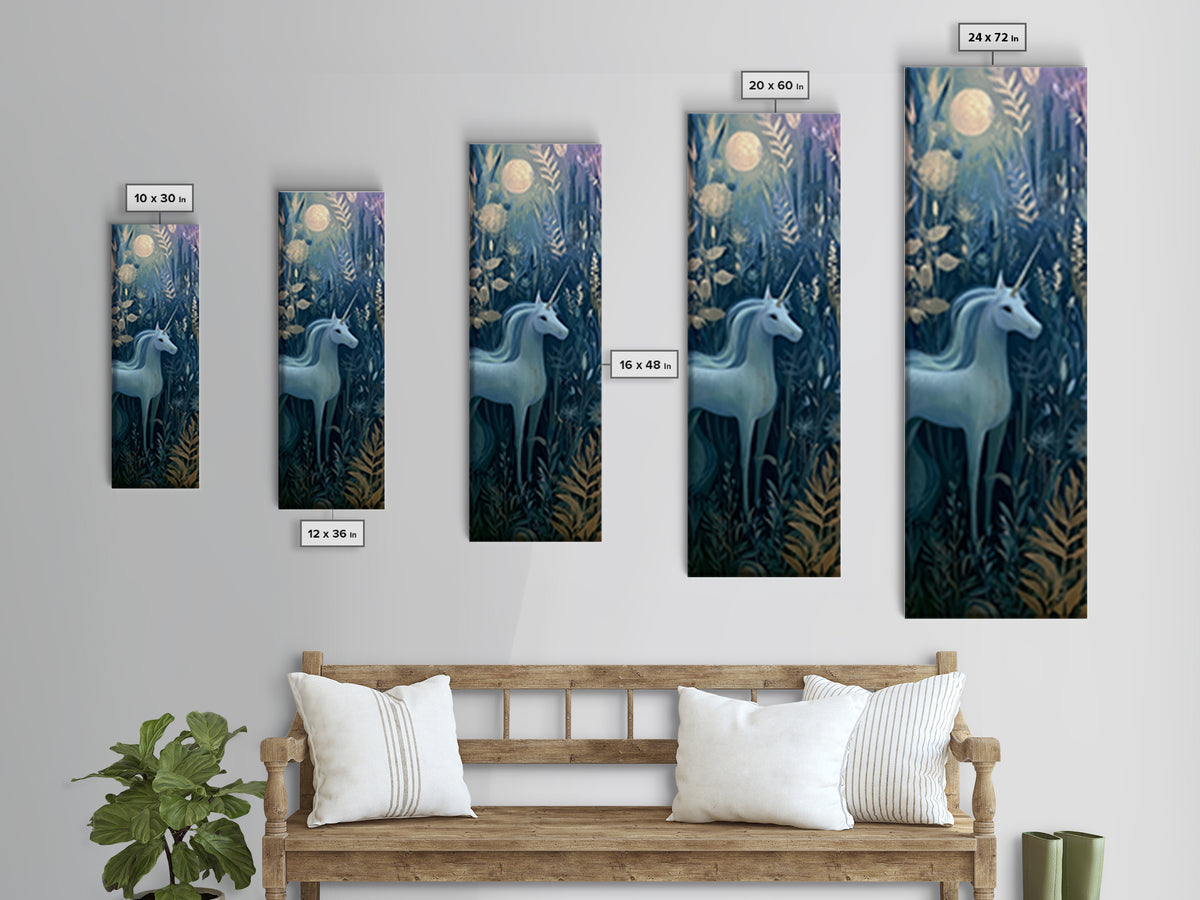 Unicorn in a Moonlit Meadow Canvas Print, Fairy Tale Art, Mixed Media Art, Living Room Decor, Oil Painting, Storybook, FTA-1x3-22