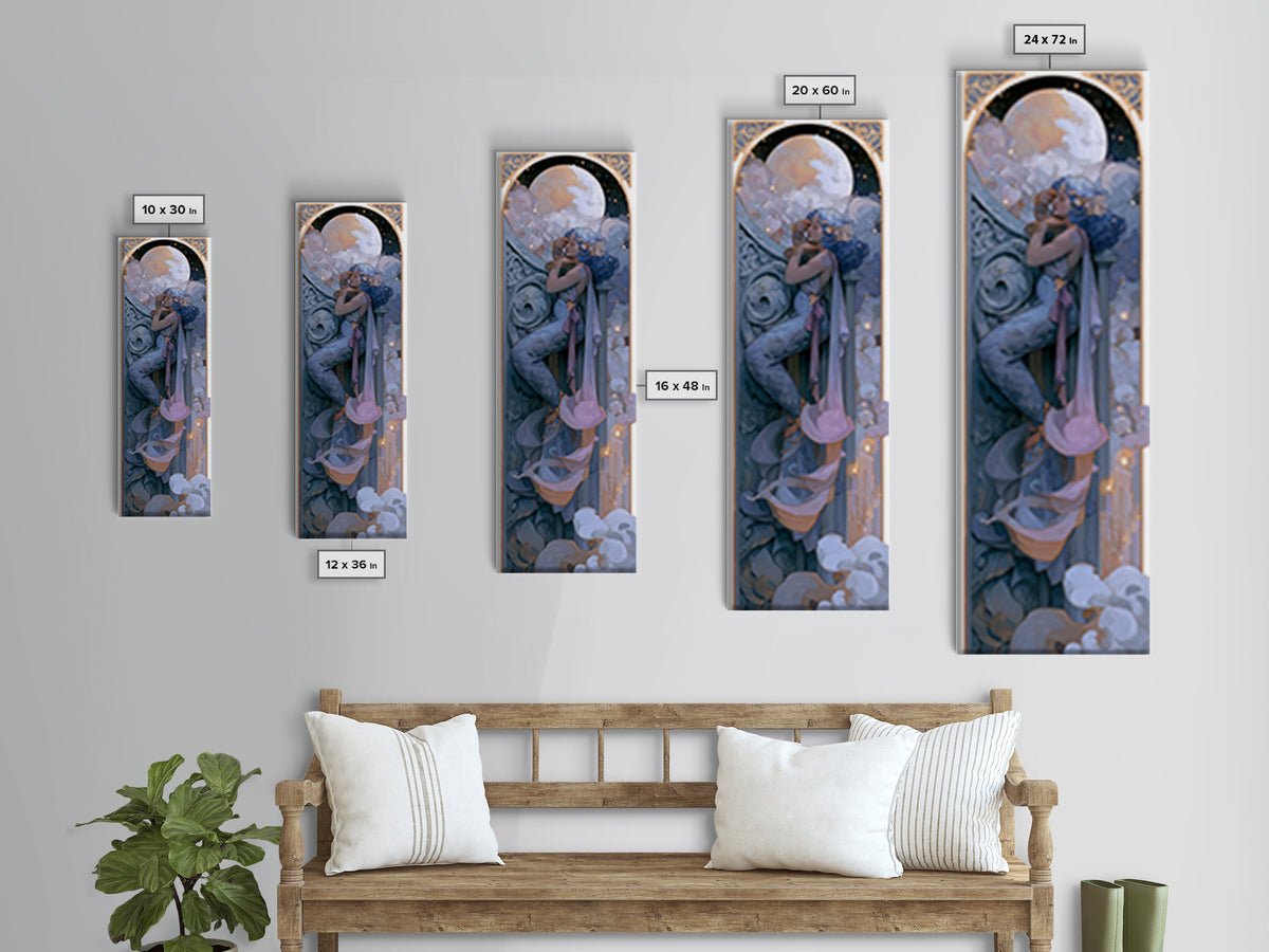 Mermaid Combing Hair Beneath a Pearl Moon Framed Canvas Print, Fairy Tale Art, Painting, Living Room Decor, Fine Art, Storybook, FTA-1x3-24