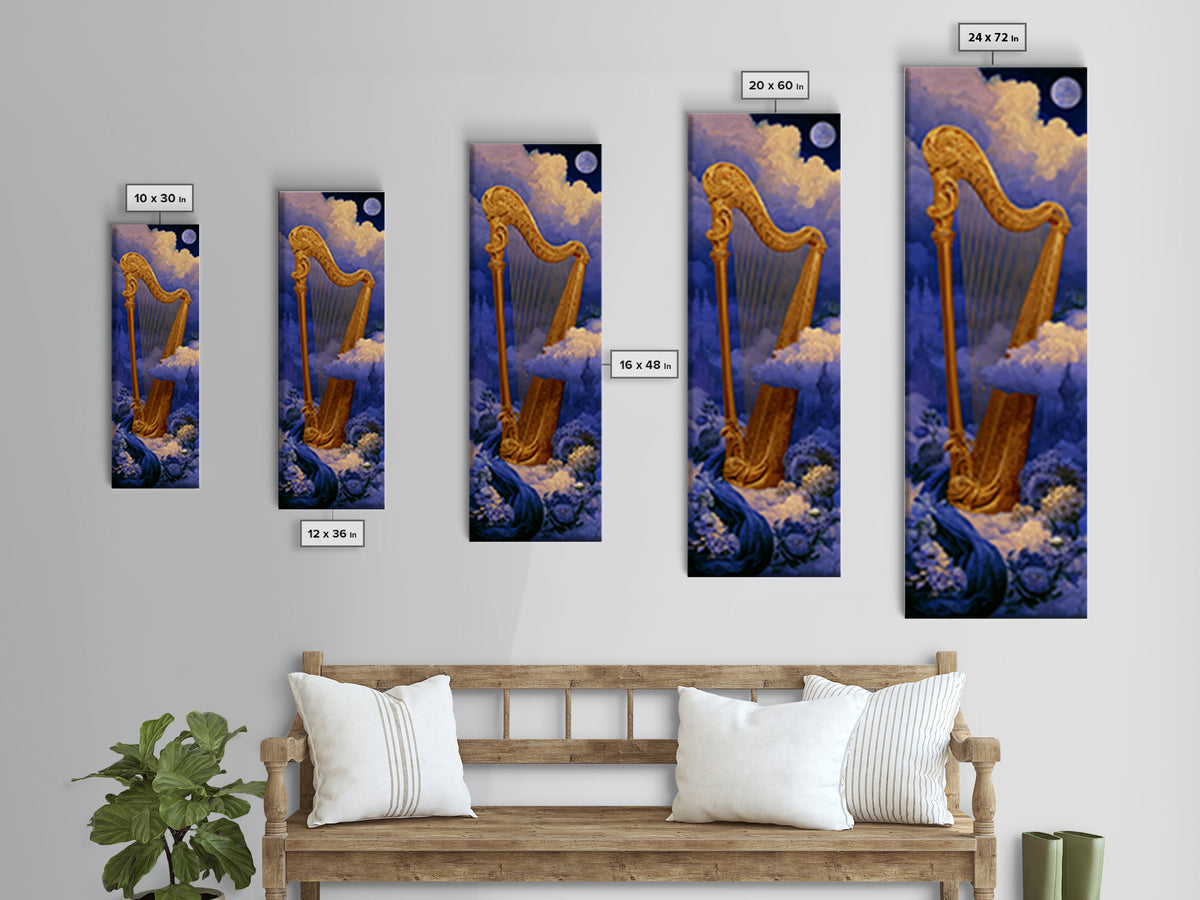 Golden Harp in a Cloud Kingdom Framed Canvas Print, Fairy Tale Art, Art Nouveau Print, Living Room Decor, Watercolor Art, FTA-1x3-34