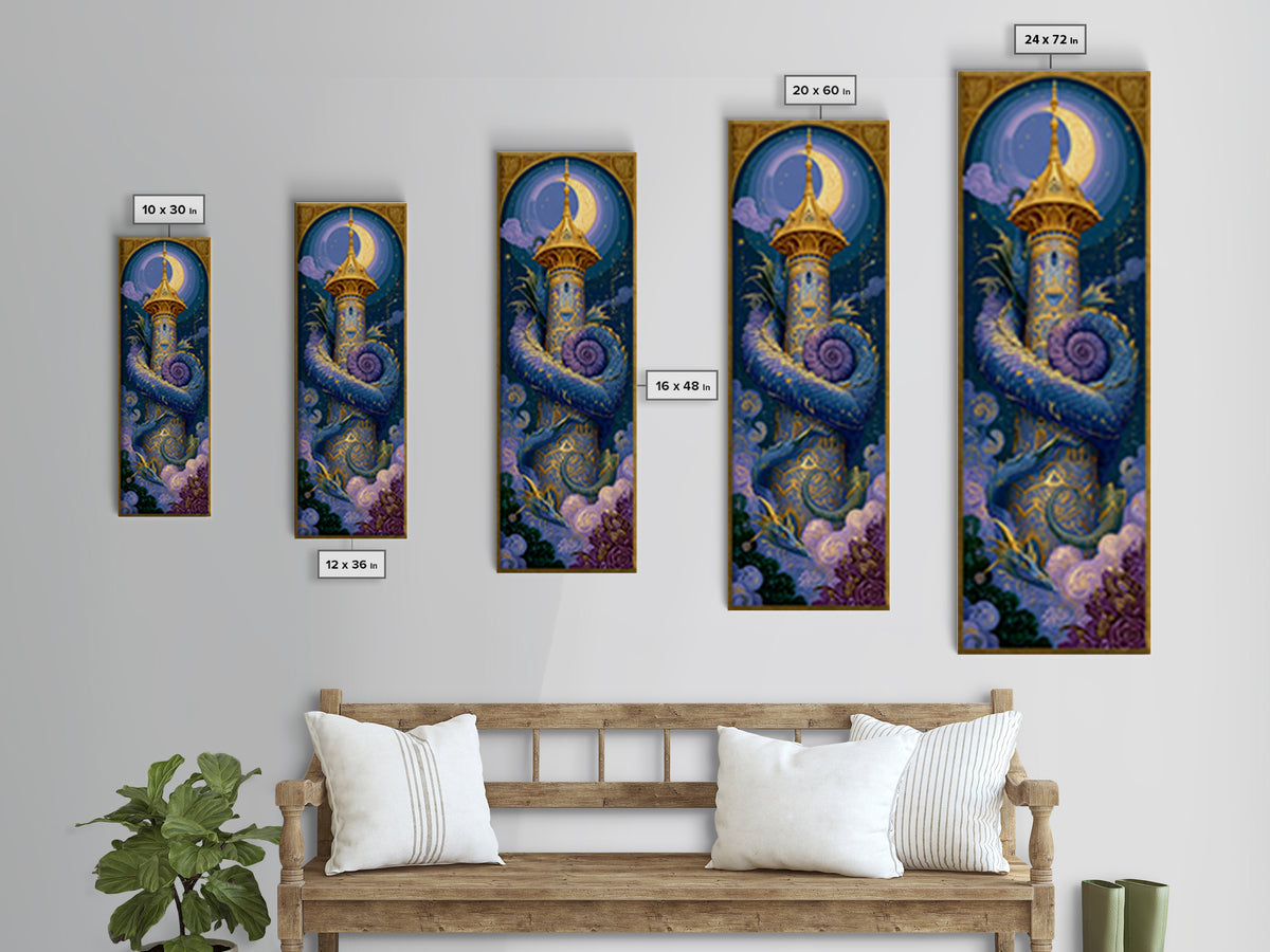 Dragon Curled Around a Jeweled Tower Canvas Print, Fairy Tale Art, Whimsical Wall Art, Living Room Decor, Fine Art, Storybook, FTA-1x3-41