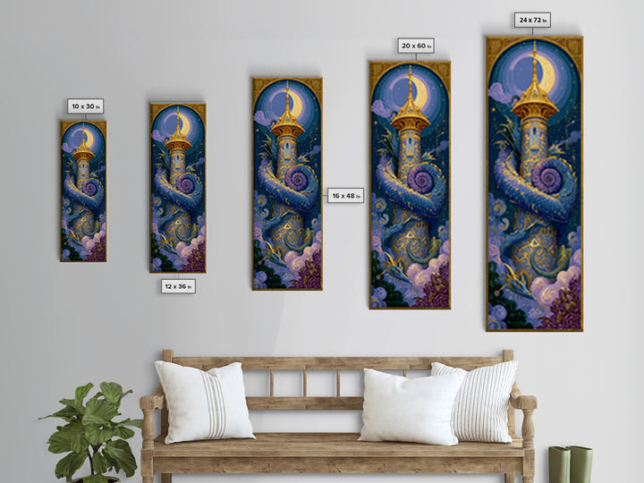 Dragon Curled Around a Jeweled Tower Canvas Print, Fairy Tale Art, Whimsical Wall Art, Living Room Decor, Fine Art, Storybook, FTA-1x3-41