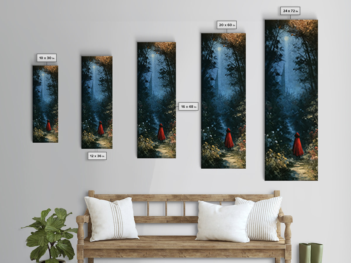 Red Cloak Figure Walking Through Dark Woods Canvas Print, Fairy Tale Art, Original Art, Living Room Decor, Fine Art, Storybook, FTA-1x3-44