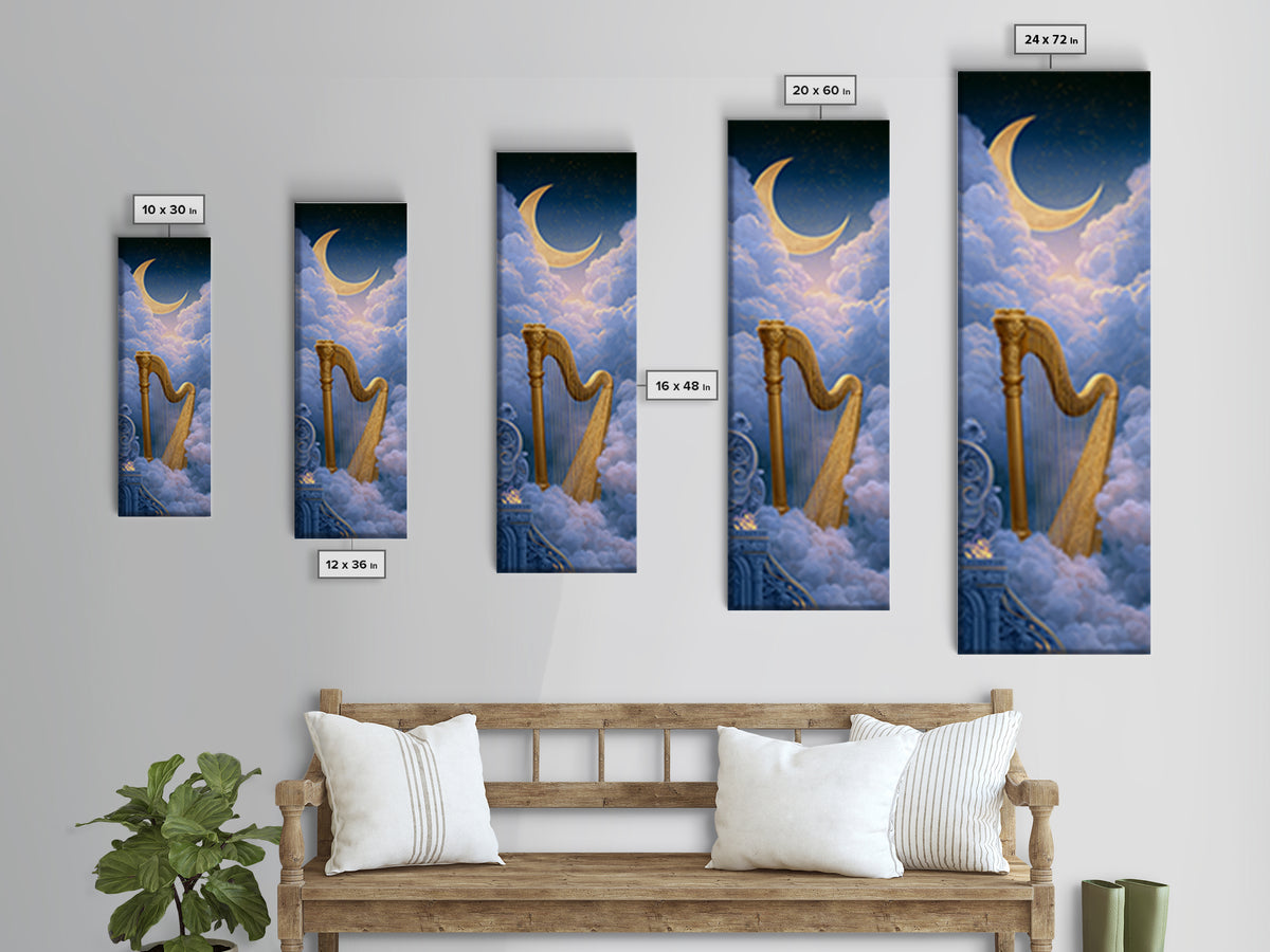 Golden Harp in a Cloud Kingdom Framed Canvas Print, Fairy Tale Art, Art Nouveau Print, Living Room Decor, Watercolor Art, FTA-1x3-58