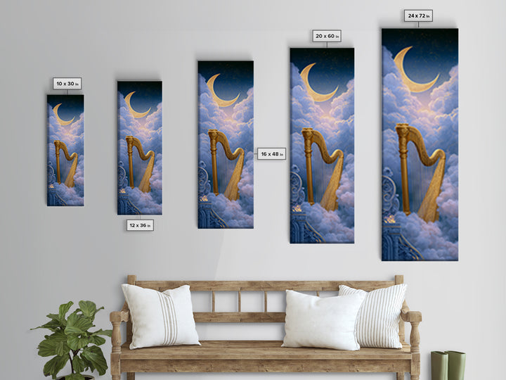 Golden Harp in a Cloud Kingdom Framed Canvas Print, Fairy Tale Art, Art Nouveau Print, Living Room Decor, Watercolor Art, FTA-1x3-58