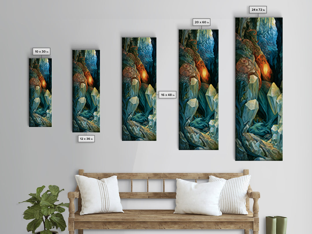 Sleeping Dragon in a Cave of Crystals Canvas Print, Fairy Tale Art, Abstract Art, Living Room Decor, Storybook, Kids Room Art, FTA-1x3-60