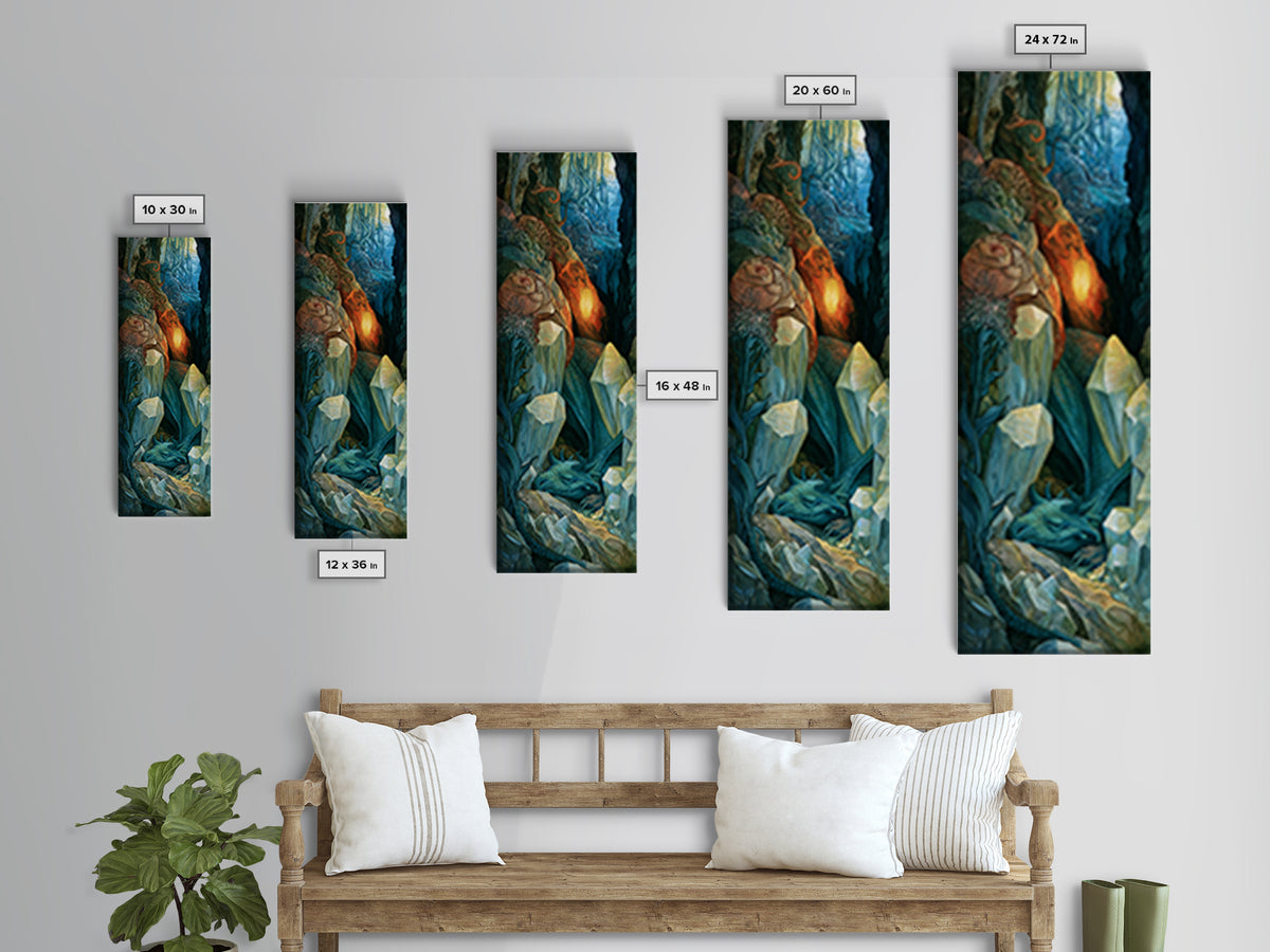 Sleeping Dragon in a Cave of Crystals Canvas Print, Fairy Tale Art, Abstract Art, Living Room Decor, Storybook, Kids Room Art, FTA-1x3-60