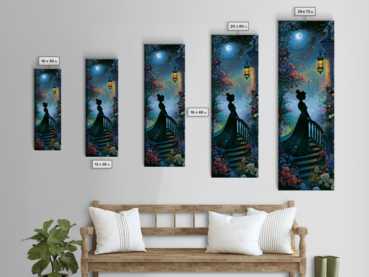 Princess Silhouette with Moonlit Garden Flowers Framed Canvas Print, Fairy Tale Art, Watercolor Art, Living Room Decor, FTA-1x3-64
