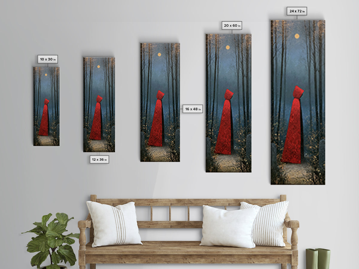 Red Cloak Figure Walking Through Dark Woods Canvas Print, Fairy Tale Art, Whimsical Art, Living Room Decor, Oil Painting, FTA-1x3-68
