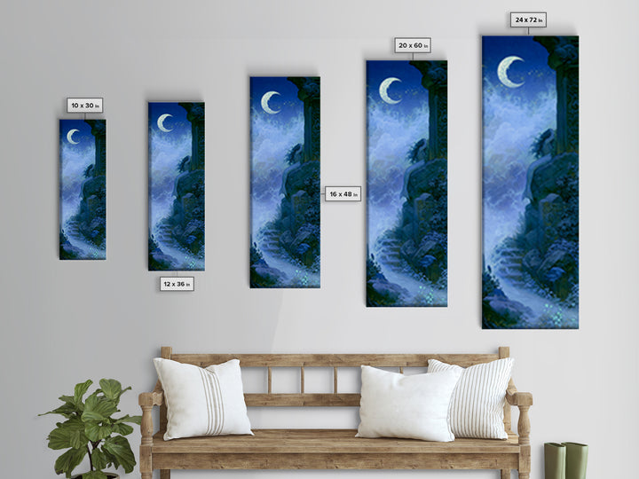 Mermaid Combing Hair Beneath a Pearl Moon Canvas Print, Fairy Tale Art, Folk Art, Living Room Decor, Fine Art, Storybook, FTA-1x3-72