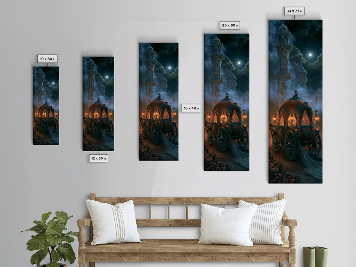 Pumpkin Carriage under Midnight Sky Framed Canvas Print, Fairy Tale Art, Princess Wall Art, Living Room Decor, Oil Painting, FTA-1x3-76