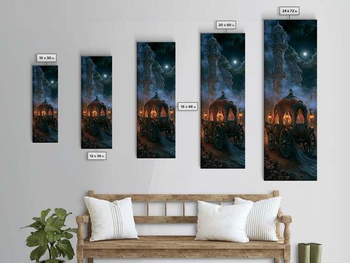 Pumpkin Carriage under Midnight Sky Framed Canvas Print, Fairy Tale Art, Princess Wall Art, Living Room Decor, Oil Painting, FTA-1x3-76