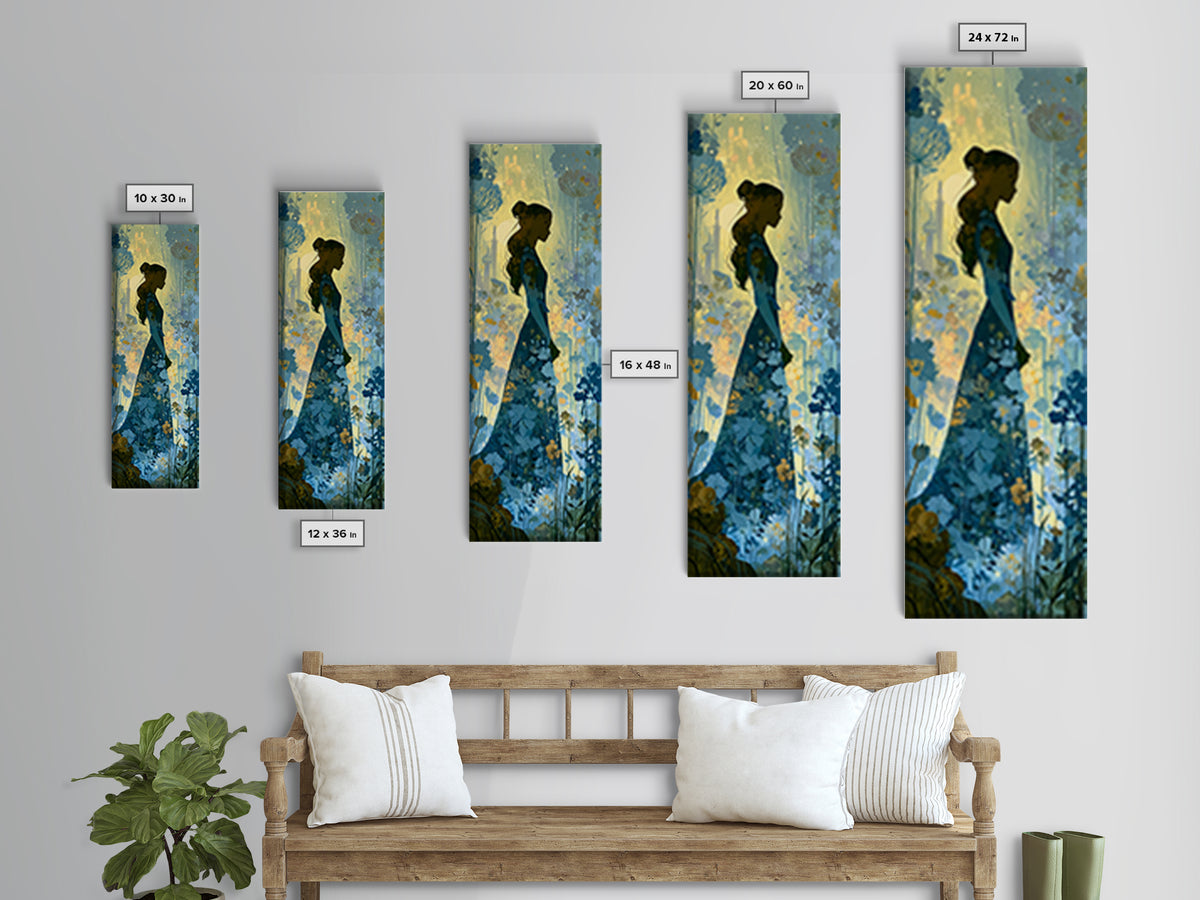 Princess Silhouette with Moonlit Garden Flowers Canvas Print, Fairy Tale Art, Kids Room Art, Living Room Decor, Storybook, FTA-1x3-88