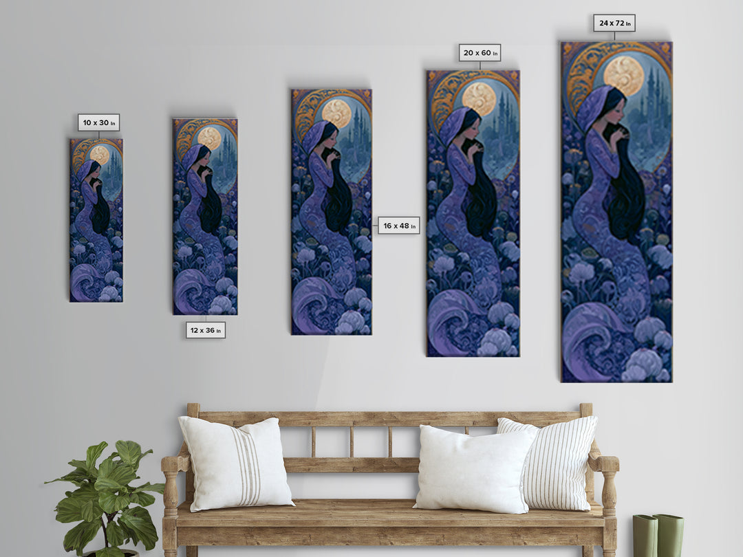 Mermaid Combing Hair Beneath a Pearl Moon Canvas Print, Fairy Tale Art, Kids Room Decor, Living Room Decor, Storybook, FTA-1x3-96