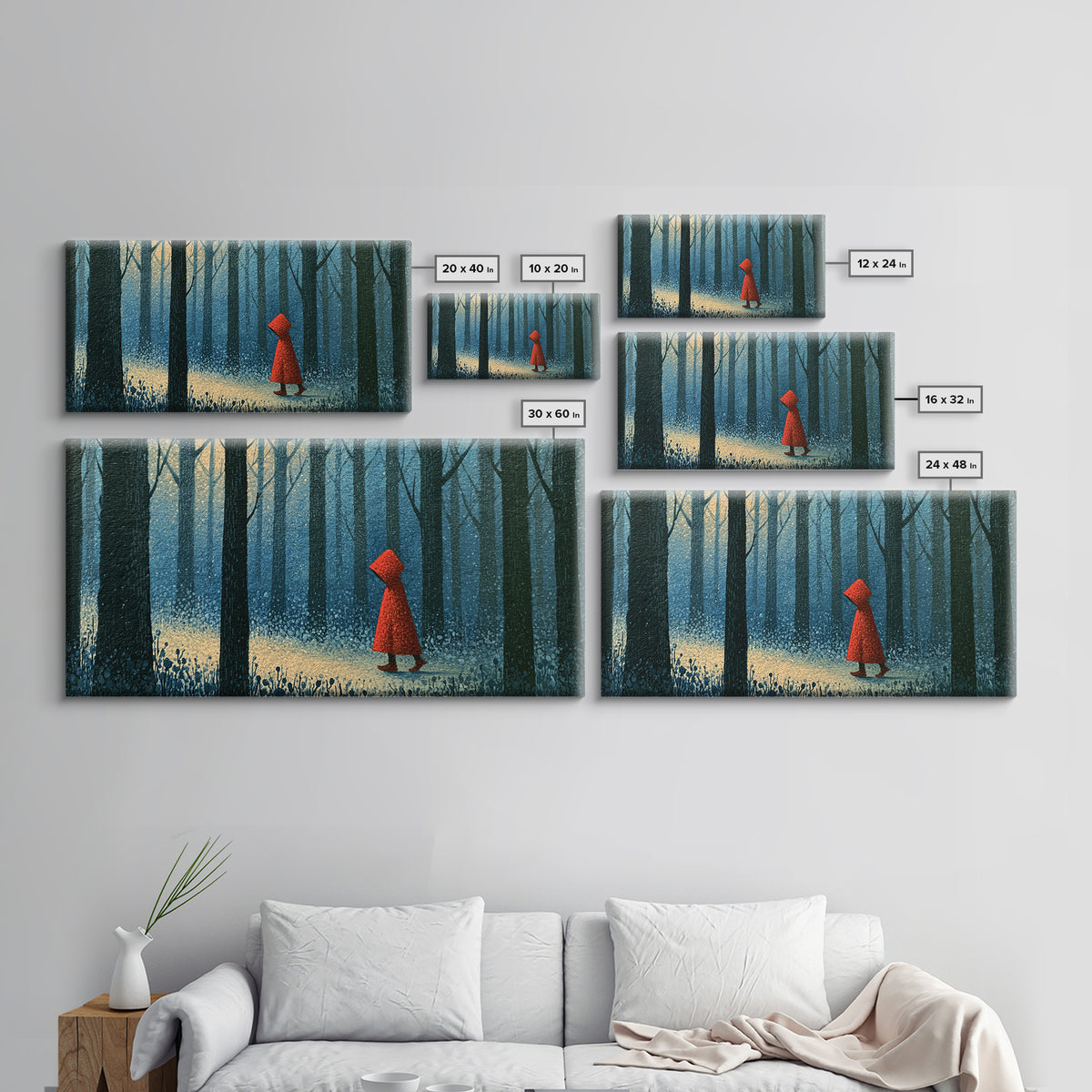 Red Cloak Figure Walking Through Dark Woods Framed Canvas Print, Fairy Tale Art, Dark Art, Living Room Decor, Storybook, FTA-2x1-100