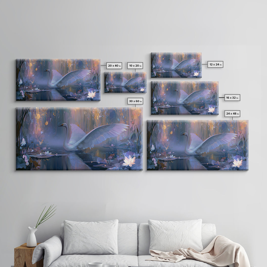 White Swan Transformation Scene Framed Canvas Print, Fairy Tale Art, Folk Art, Living Room Decor, Fine Art, Storybook, FTA-2x1-11