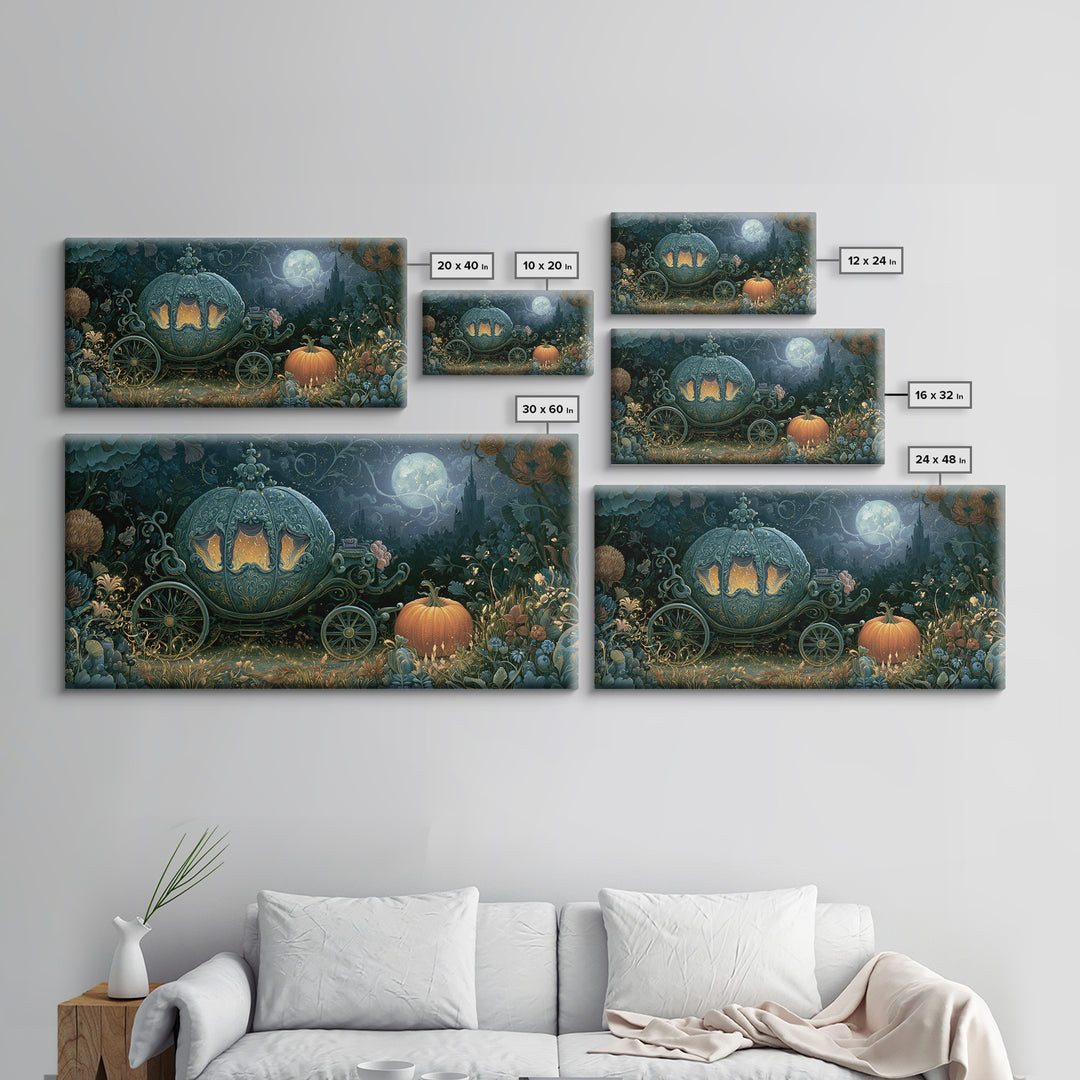 Pumpkin Carriage under Midnight Sky Framed Canvas Print, Fairy Tale Art, Room Decor, Living Room Decor, Fine Art, Storybook, FTA-2x1-12
