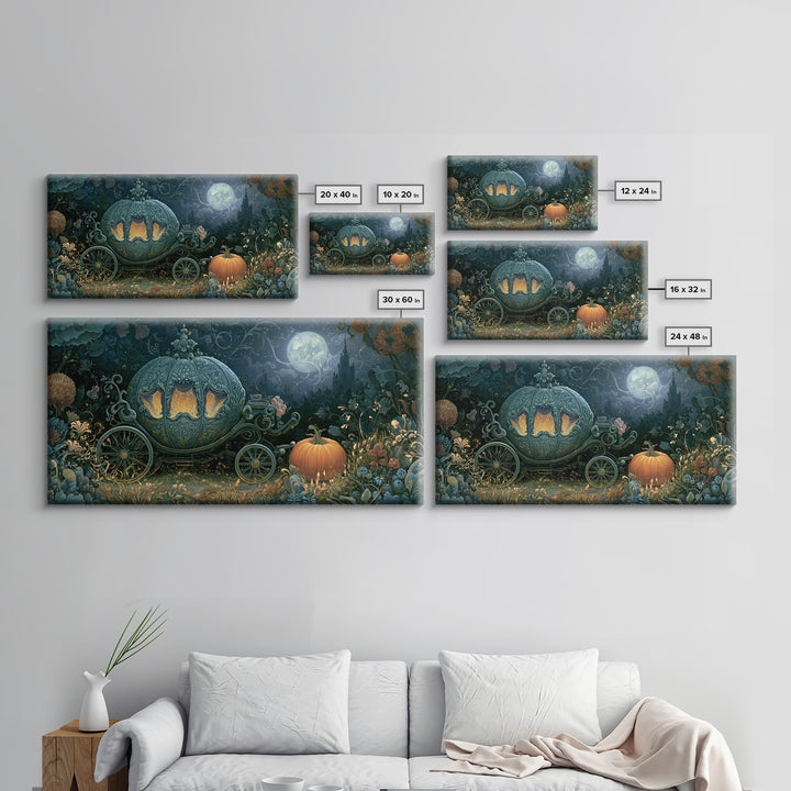 Pumpkin Carriage under Midnight Sky Framed Canvas Print, Fairy Tale Art, Room Decor, Living Room Decor, Fine Art, Storybook, FTA-2x1-12