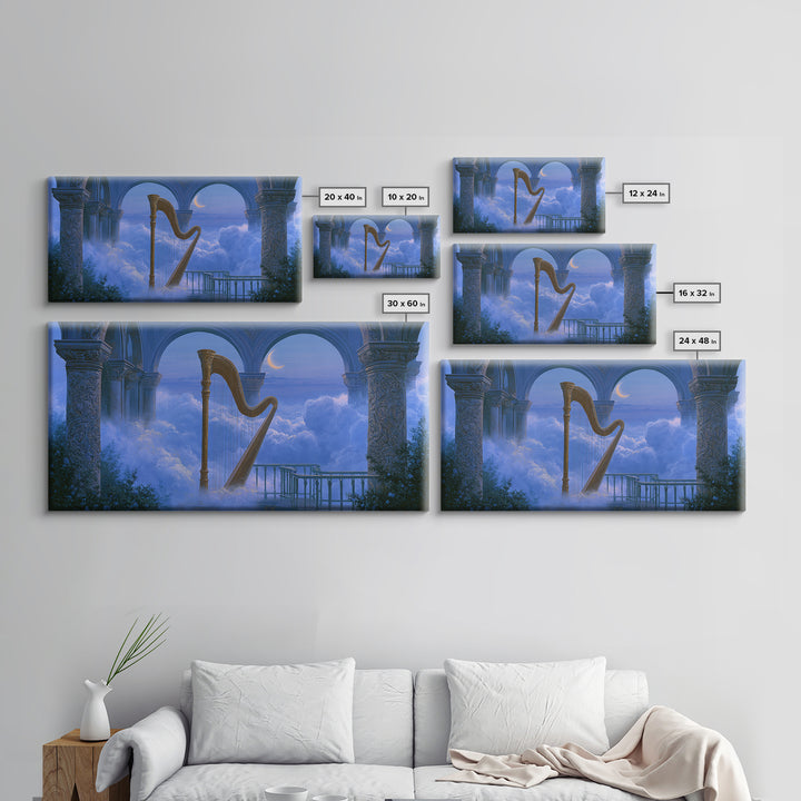 Golden Harp in a Cloud Kingdom Framed Canvas Print, Fairy Tale Art, Room Decor, Living Room Decor, Fine Art, Storybook, FTA-2x1-18