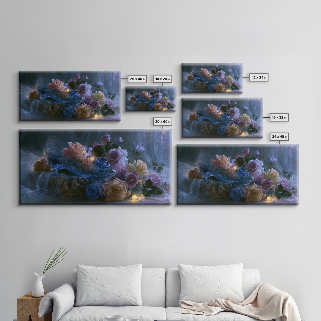 Glass Slipper Still Life Canvas Print, Fairy Tale Art, Living Room Decor, Abstract Art, Storybook, Art Nouveau, FTA-2x1-2