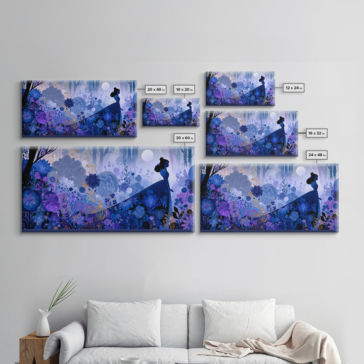 Princess Silhouette with Moonlit Garden Flowers Canvas Print, Fairy Tale Art, Minimalist Decor, Living Room Decor, Storybook, FTA-2x1-24