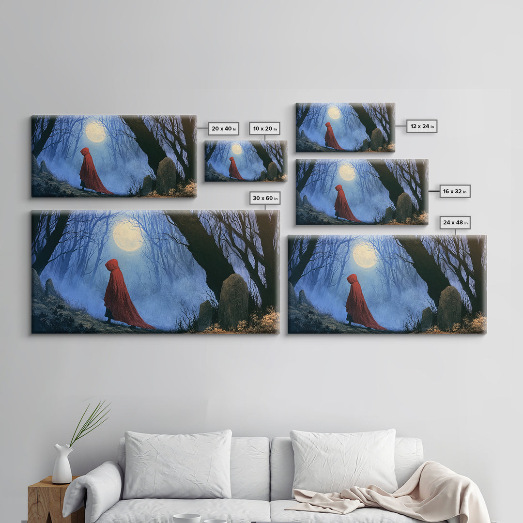 Red Cloak Figure Walking Through Dark Woods Canvas Print, Fairy Tale Art, Contemporary Art, Living Room Decor, Storybook, FTA-2x1-28