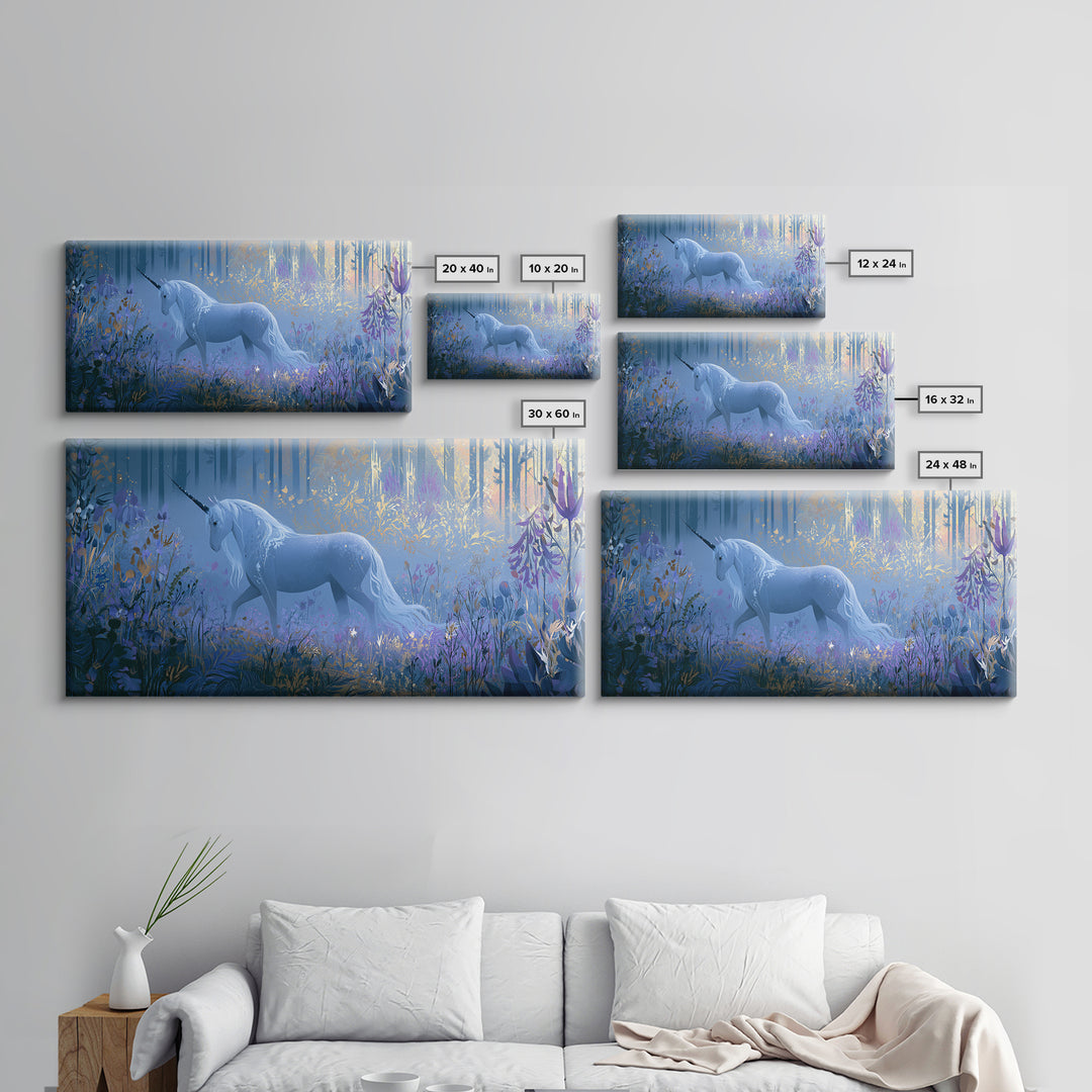 Unicorn in a Moonlit Meadow Framed Canvas Print, Fairy Tale Art, Minimalist Decor, Living Room Decor, Oil Painting, Storybook, FTA-2x1-30