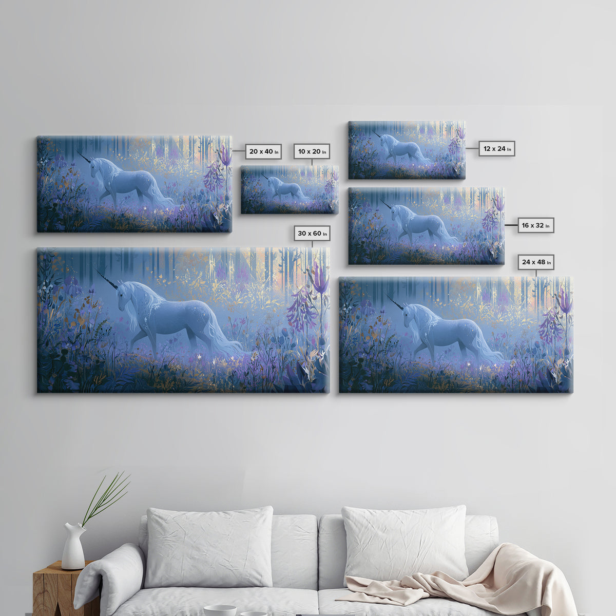 Unicorn in a Moonlit Meadow Framed Canvas Print, Fairy Tale Art, Minimalist Decor, Living Room Decor, Oil Painting, Storybook, FTA-2x1-30