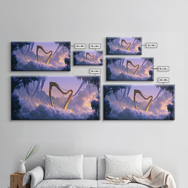 Golden Harp in a Cloud Kingdom Framed Canvas Print, Fairy Tale Art, Room Decor, Living Room Decor, Fine Art, Storybook, FTA-2x1-42