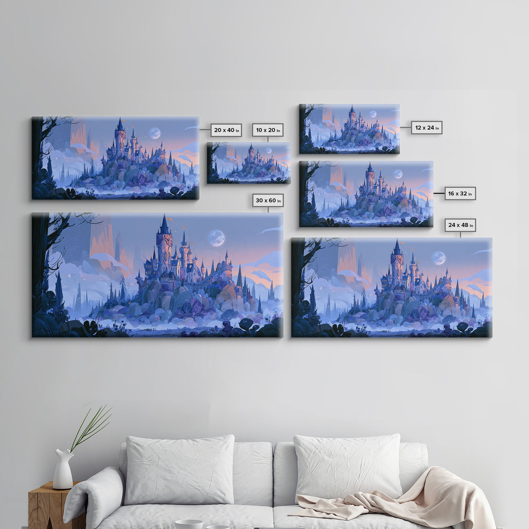 Storybook Castle on a Misty Hill Framed Canvas Print, Fairy Tale Art, Wall Decor, Living Room Decor, Fine Art, Storybook, FTA-2x1-46