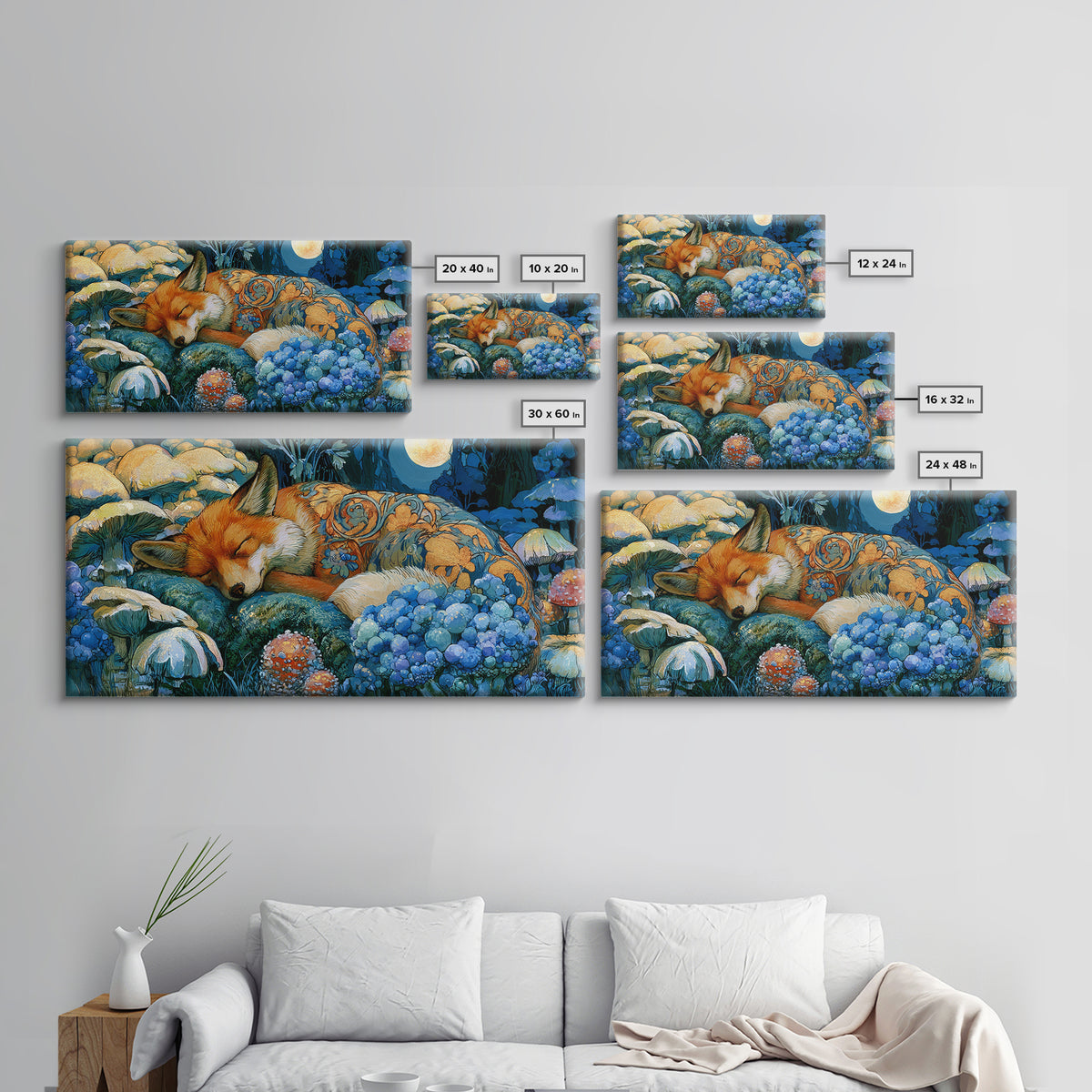 Sleeping Fox Beside a Magical Mushroom Ring Canvas Print, Fairy Tale Art, Boho Wall Art, Living Room Decor, Oil Painting, FTA-2x1-47